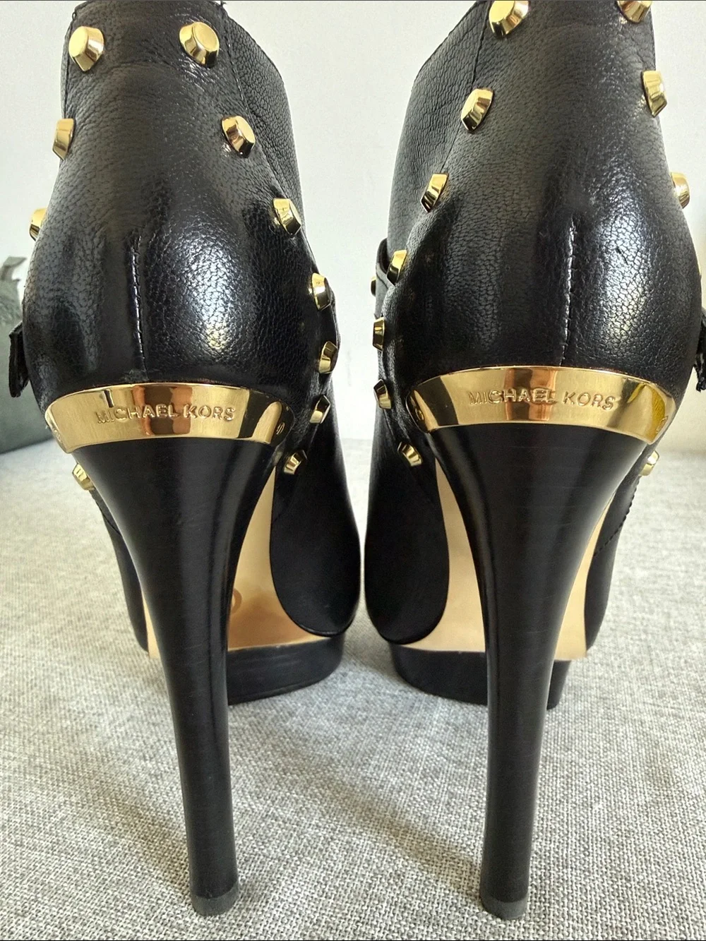 Michael Kors leather Black Peep-Toe Platform Booties with Gold Studs